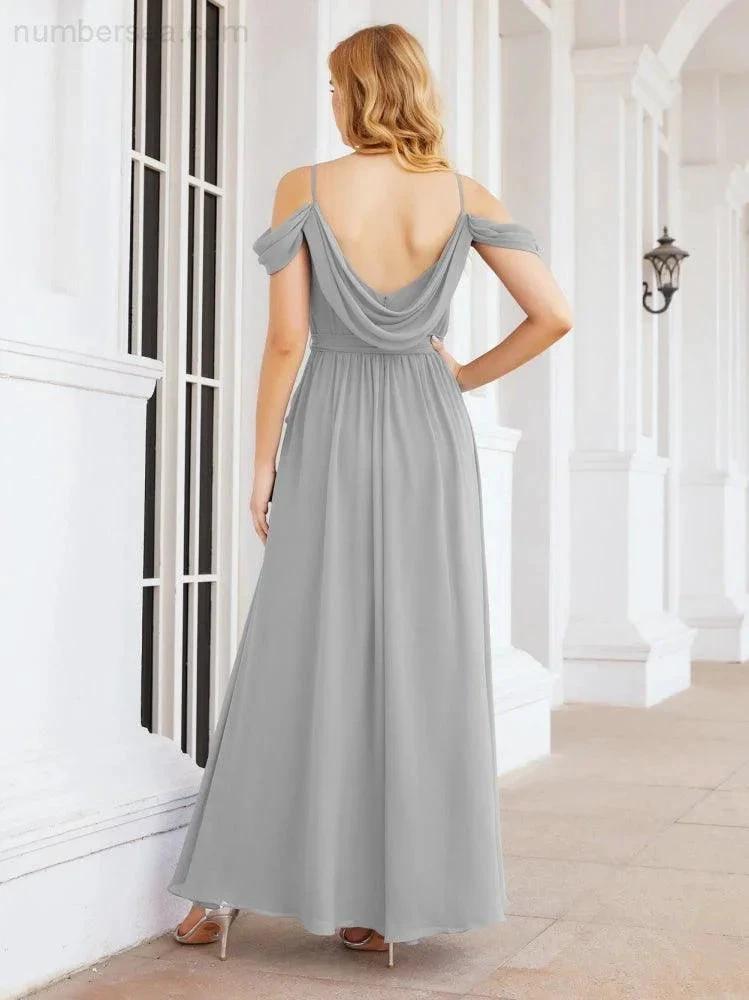 Numbersea Off The Shoulder Chiffon Bridesmaid Dress Long Formal Graduation Gown with Cowl Back 28069 by numbersea