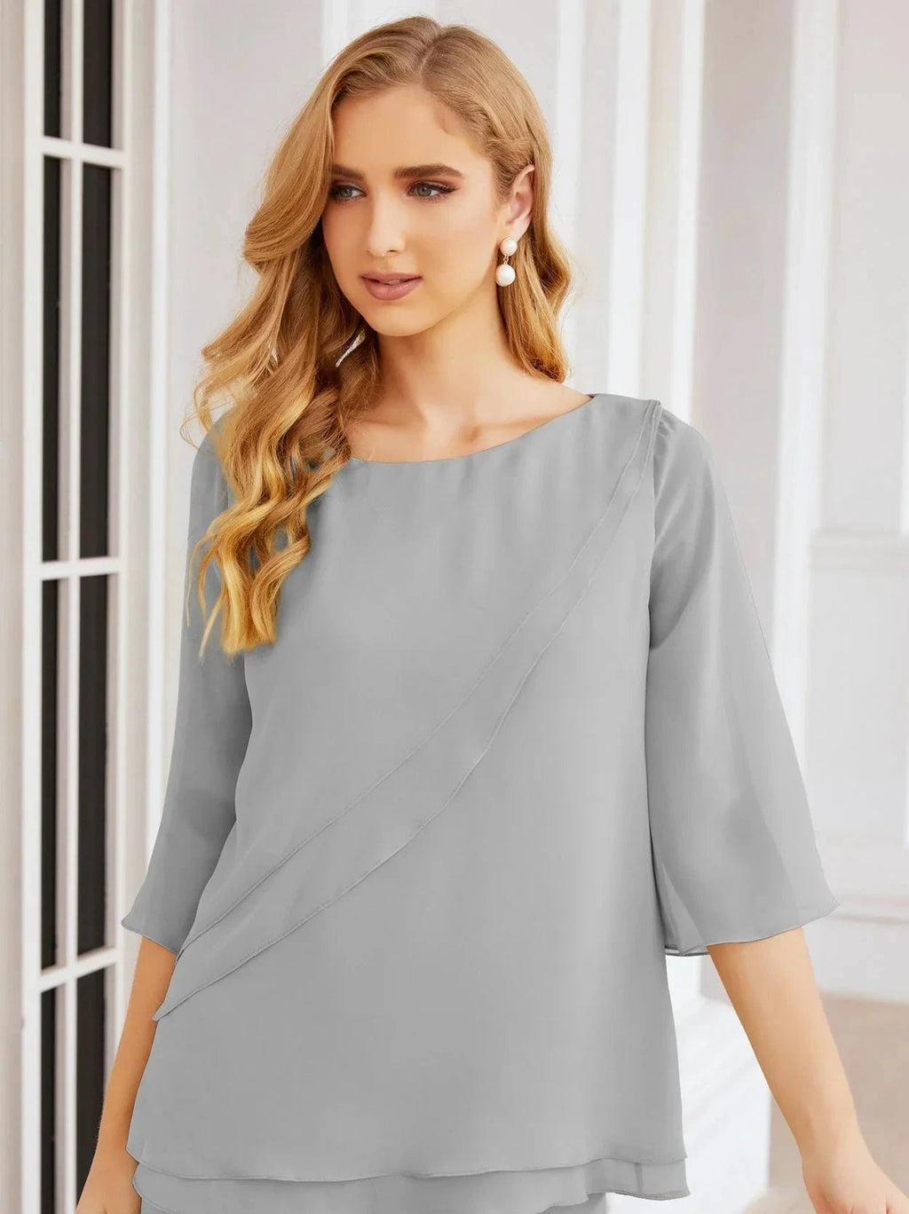Sunnderly Elegant 2 Piece Mother of The Bride Dress Plus Size Pant Suits Ruffle Layers Sliver Housecoat SY28064 by numbersea