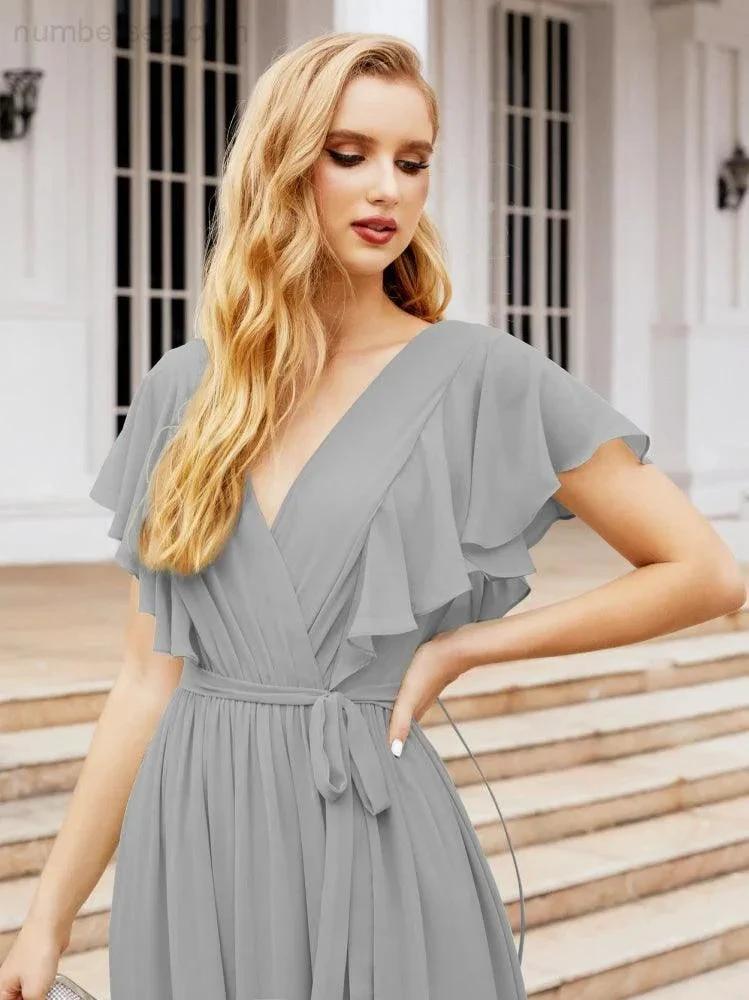 Numbersea Women's Open Back Formal Evening Party Prom Gowns V-Neck Long Chiffon Bridesmaid Dresses with Waist Belt 28038 by numbersea