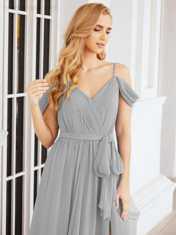 Numbersea Off The Shoulder Chiffon Bridesmaid Dress Long Formal Graduation Gown with Cowl Back 28069