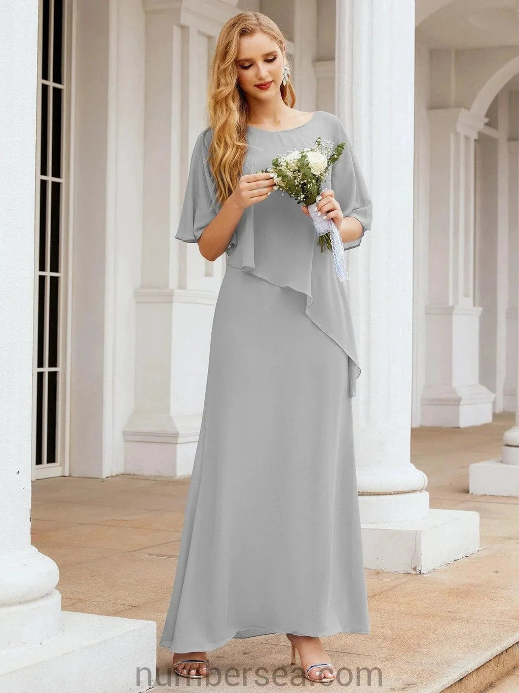 Sunnderly Formal Party Gown Dress Long Mother of The Bride Dresses with Ruffle Cape SY28026 by numbersea