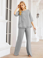 Sunnderly Elegant 2 Piece Mother of The Bride Dress Plus Size Pant Suits Ruffle Layers Sliver Housecoat SY28064 by numbersea