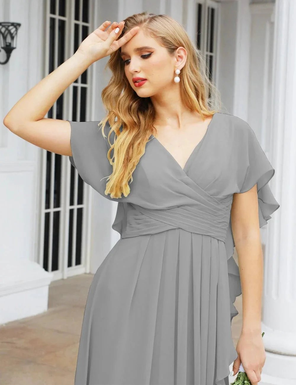 Numbersea Chiffon Bridesmaid Dresses Long Formal Evening Prom Mother of The Bride Dress with Flutter Sleeve SEA28040 by numbersea