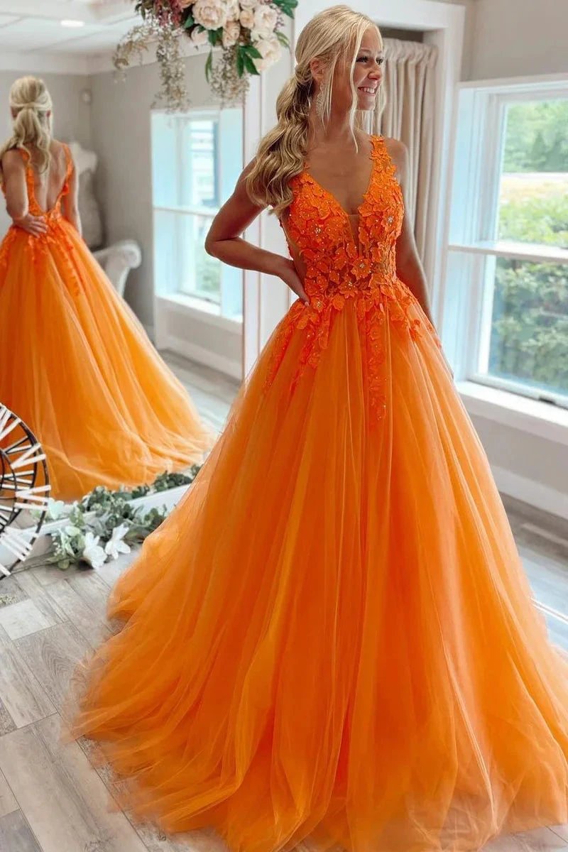 Marigold |A-Line V-Neck Long Tulle Prom Dress with Appliques by KissProm