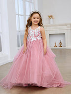 Princess Sleeveless Tulle Flower Girl Dress with Lace and Bow Pink (010224320) - photo 3