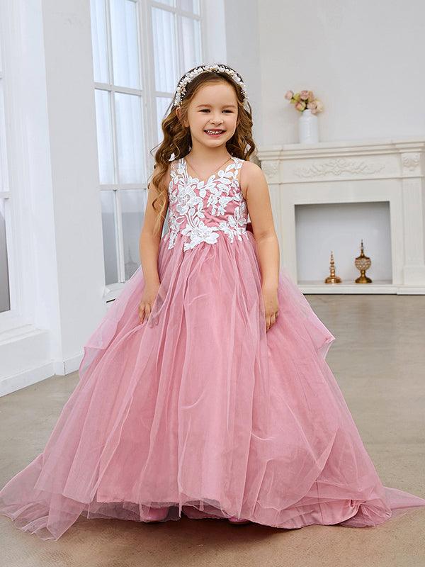 Princess Sleeveless Tulle Flower Girl Dress with Lace and Bow Pink (010224320) - photo 3