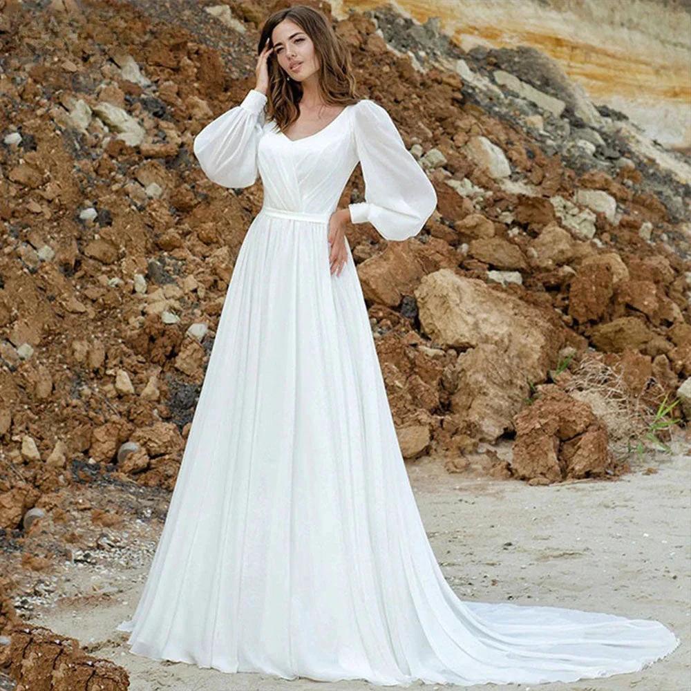 Puff Sleeve Wedding Dresses Women Vestido De Novia Long Chiffon Elegant V-Neck A-Line Backless Bridal Gown Robe Mariée by payinti