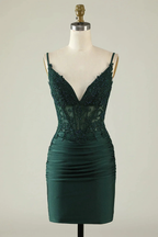 Tight V-Neck Dark Green Pleated Homecoming Dress with Appliques Y2660 by simplepromdress