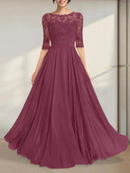 A-line Scoop Illusion Floor-Length Chiffon Lace Mother of the Bride Dress With Pleated Sequins by Dreamylily