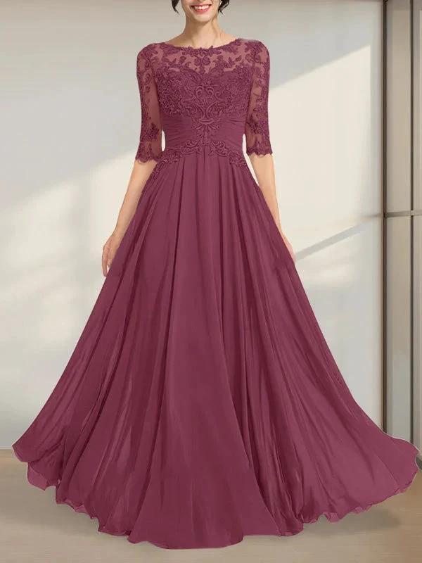 A-line Scoop Illusion Floor-Length Chiffon Lace Mother of the Bride Dress With Pleated Sequins by Dreamylily