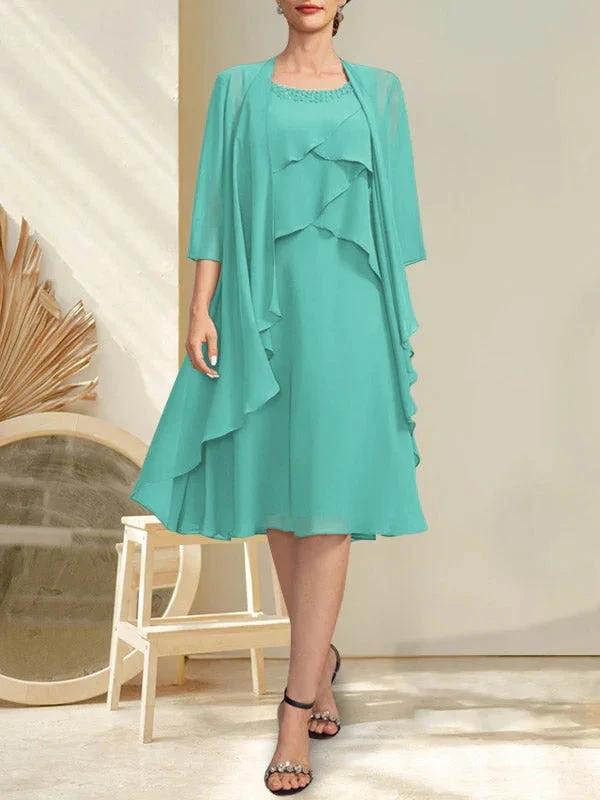 A-line Scoop Knee-Length Chiffon Mother of the Bride Dress With Beading by Dreamylily