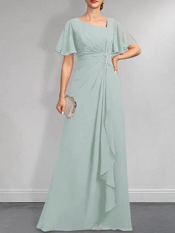 A-line Asymmetrical Floor-Length Chiffon Mother of the Bride Dress With Pleated Beading Sequins by Dreamylily