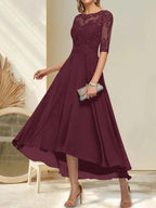 A-line Boat Neck Illusion Asymmetrical Chiffon Lace Mother of the Bride Dress With Sequins Beading by Dreamylily