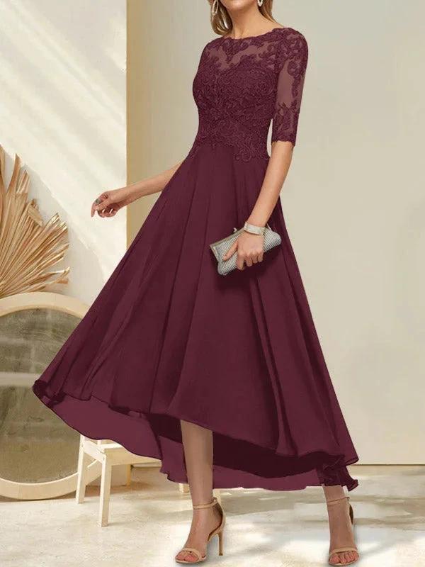 A-line Boat Neck Illusion Asymmetrical Chiffon Lace Mother of the Bride Dress With Sequins Beading by Dreamylily