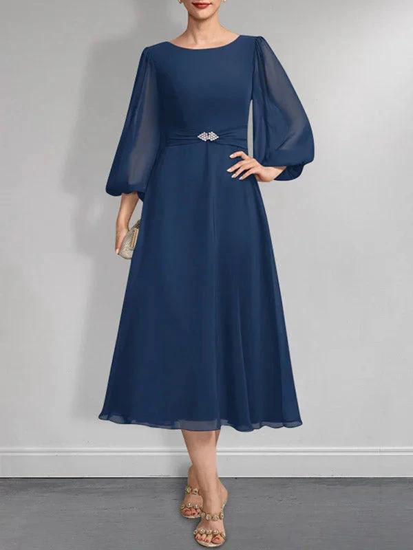A-line Scoop Tea-Length Chiffon Mother of the Bride Dress With Crystal Brooch Pleated by Dreamylily