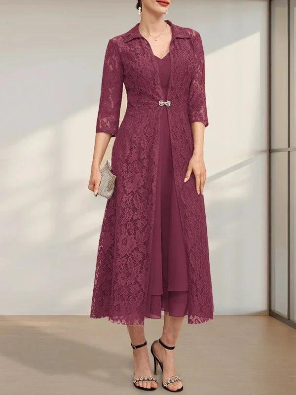 A-line V-Neck Tea-Length Chiffon Mother of the Bride Dress by Dreamylily