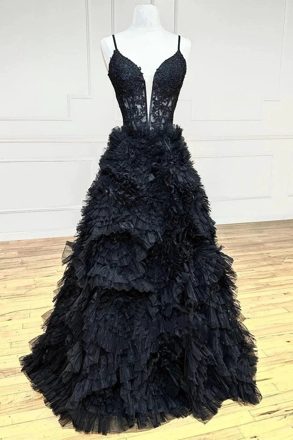 Joyce| Black Plunge V Spaghetti Strap Ruffle Tiered Long Gown by KissProm