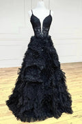 Joyce| Black Plunge V Spaghetti Strap Ruffle Tiered Long Gown by KissProm