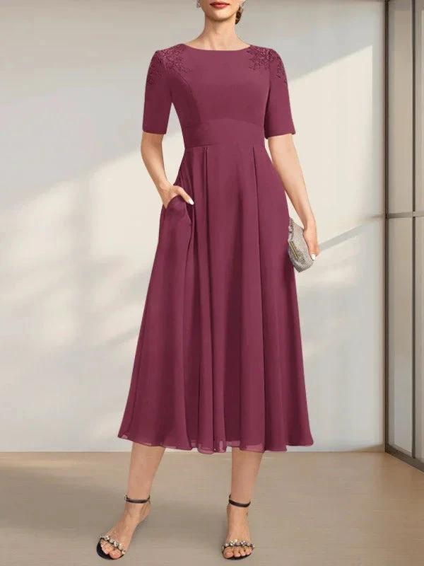 A-line Scoop Tea-Length Chiffon Mother of the Bride Dress With Appliques Lace Sequins by Dreamylily