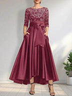 A-line Scoop Illusion Asymmetrical Satin Lace Mother of the Bride Dress With Bow by Dreamylily