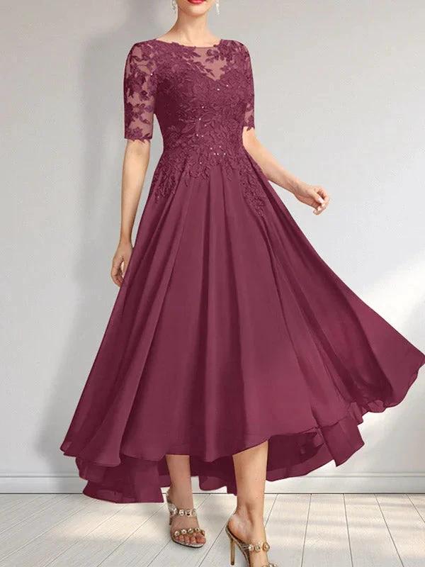A-line Scoop Illusion Asymmetrical Chiffon Lace Mother of the Bride Dress With Sequins by Dreamylily