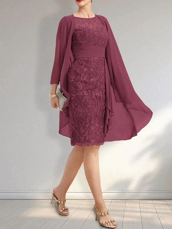 Sheath Scoop Illusion Knee-Length Lace Chiffon Mother of the Bride Dress With Cascading Ruffles Sequins by Dreamylily