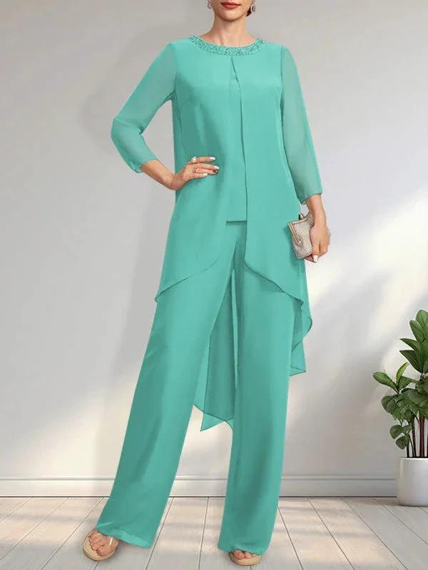 Separates Jumpsuit/Pantsuit Scoop Floor-Length Chiffon Mother of the Bride Dress With Sequins Beading by Dreamylily