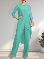 Separates Jumpsuit/Pantsuit Scoop Floor-Length Chiffon Mother of the Bride Dress With Sequins Beading