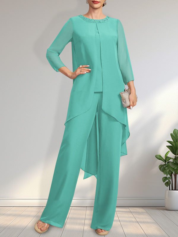 Separates Jumpsuit/Pantsuit Scoop Floor-Length Chiffon Mother of the Bride Dress With Sequins Beading