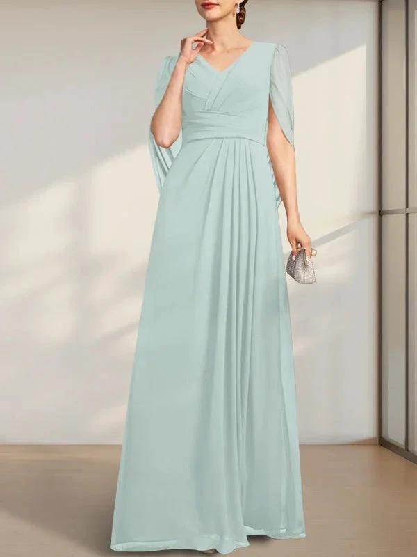 A-line V-Neck Floor-Length Chiffon Mother of the Bride Dress With Pleated by Dreamylily