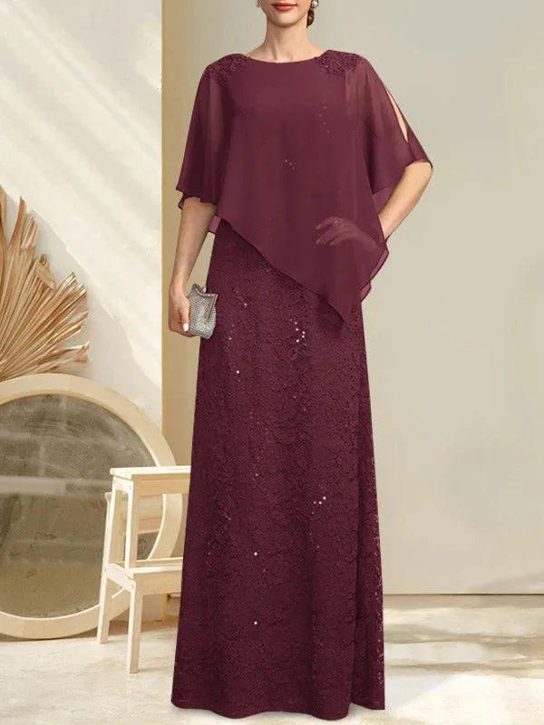 Sheath/Column Scoop Floor-Length Chiffon Lace Mother of the Bride Dress With Sequins Beading by Dreamylily