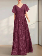 A-line V-Neck Floor-Length Lace Sequin Chiffon Mother of the Bride Dress With Pleated by Dreamylily