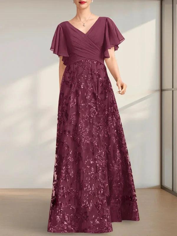 A-line V-Neck Floor-Length Lace Sequin Chiffon Mother of the Bride Dress With Pleated by Dreamylily