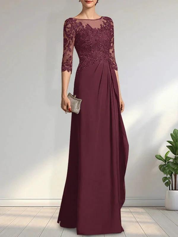 A-line Scoop Illusion Floor-Length Chiffon Lace Mother of the Bride Dress With Beading Sequins Cascading Ruffles by Dreamylily