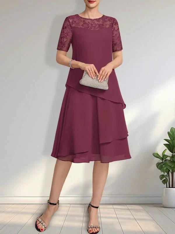 A-line Scoop Illusion Knee-Length Lace Chiffon Mother of the Bride Dress With Sequins by Dreamylily
