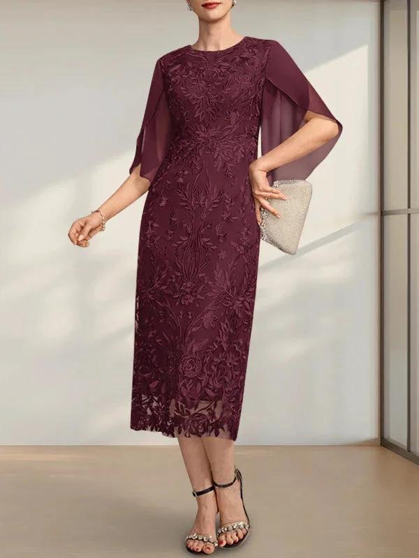 Sheath/Column Scoop Tea-Length Lace Chiffon Mother of the Bride Dress by Dreamylily