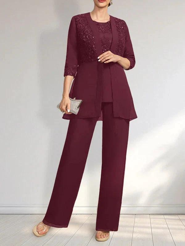 Jumpsuit/Pantsuit Separates Scoop Floor-Length Chiffon Lace Mother of the Bride Dress With Sequins by Dreamylily