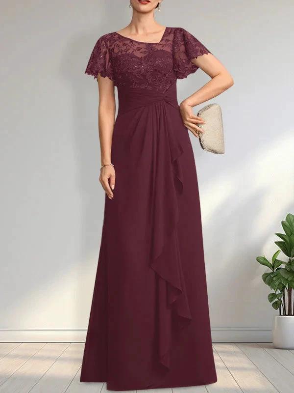 A-line Asymmetrical Illusion Floor-Length Lace Chiffon Mother of the Bride Dress With Cascading Ruffles Sequins by Dreamylily