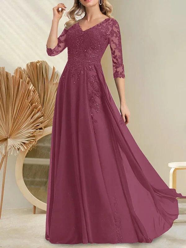 A-line V-Neck Floor-Length Lace Chiffon Mother of the Bride Dress With Sequins by Dreamylily