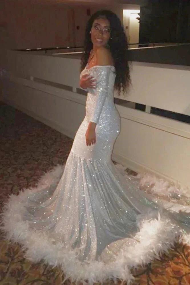 Off-the-Shoulder Sequins Mermaid Long Prom Dress With Feather and Long Sleeves by BIZTUNNEL