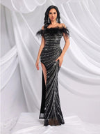 QOQ Fashionable And Elegant Black Faux Fur Patchwork Shoulder Dress Rhinestone Embellished Suitable For Formal Dinners And Galas - view 3