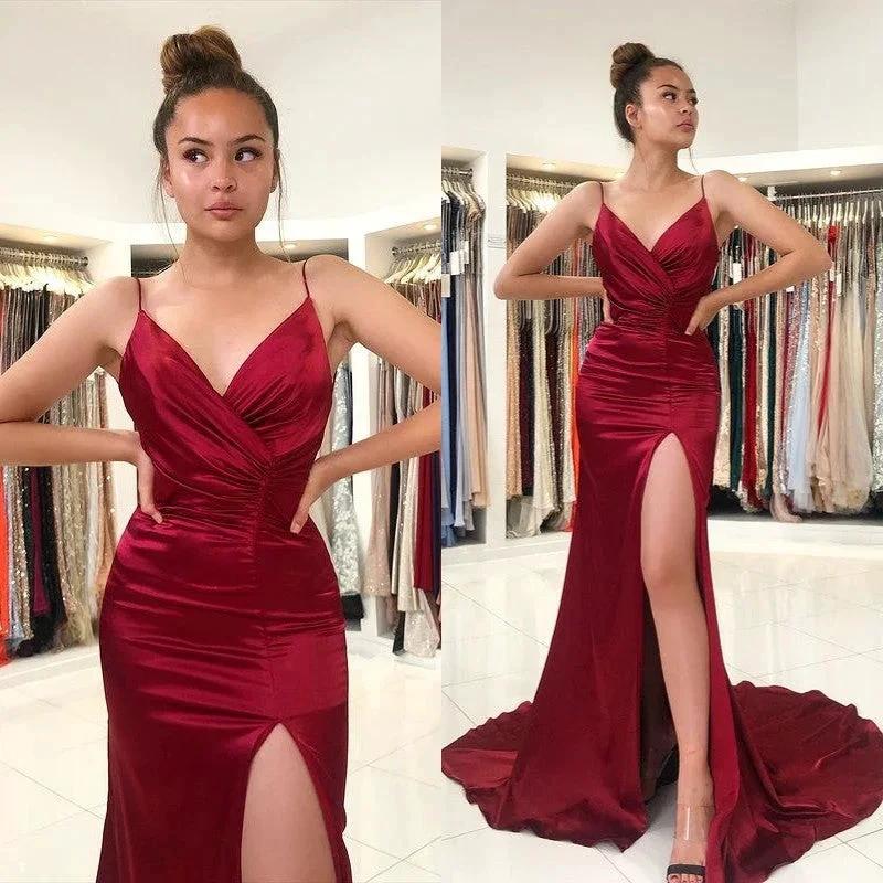 Split Front Spaghetti-Strap V-neck Burgundy Mermaid Prom Dress by BIZTUNNEL