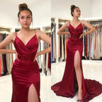 Split Front Spaghetti-Strap V-neck Burgundy Mermaid Prom Dress by BIZTUNNEL