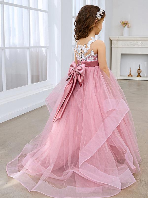 Princess Sleeveless Tulle Flower Girl Dress with Lace and Bow Pink (010224320) - photo 1