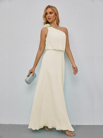 Ruffled One Shoulder Sleeveless Long Bridesmaid Dresses A-line Formal Evening Gown Side Split 28080