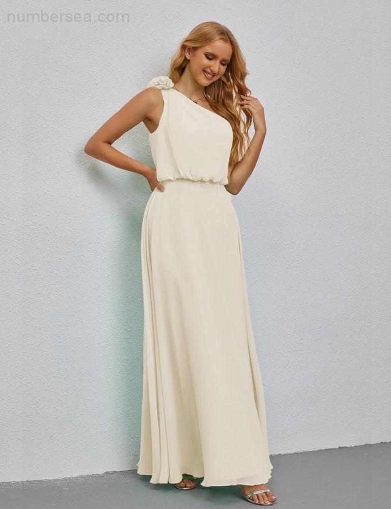Ruffled One Shoulder Sleeveless Long Bridesmaid Dresses A-line Formal Evening Gown Side Split 28080 by numbersea