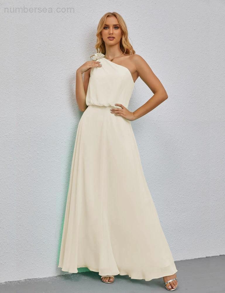 Ruffled One Shoulder Sleeveless Long Bridesmaid Dresses A-line Formal Evening Gown Side Split 28080 by numbersea