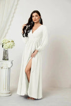 Sunnderly Evening Dresses Deep V-Neck Chiffon Bridesmaid Dresses Long Bishop Sleeve Side Split Formal Dress SY2806 by numbersea