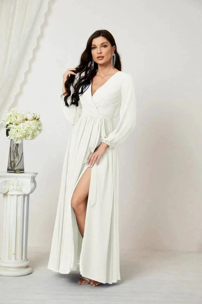 Sunnderly Evening Dresses Deep V-Neck Chiffon Bridesmaid Dresses Long Bishop Sleeve Side Split Formal Dress SY2806 by numbersea