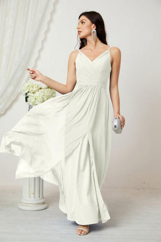 Numbersea Chiffon V-Neck Bridesmaid Dress Spaghetti Strap Long Formal Party Prom Gowns with Slit 28010